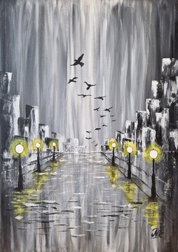 Večerni prelet, akril-platno, 70x50 cm, 2025, Martina Kozamernik